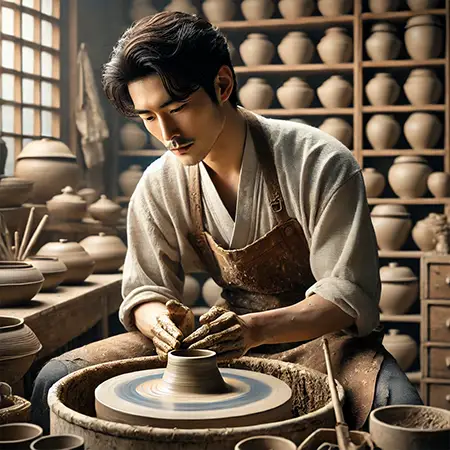 도자기를 빗고있는 장인