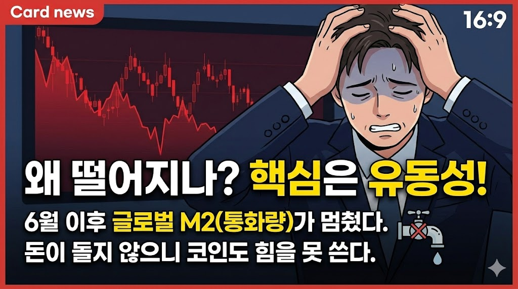6월 이후 글로벌 M2(통화량)가 멈췄다. 돈이 돌지 않으니 코인도 힘을 못 쓴다.