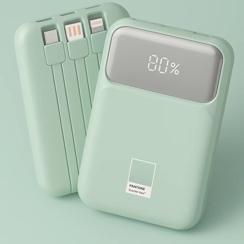 민트 컬러의 팬톤 PGB-20 보조배터리. 전면에는 LED 디지털 디스플레이가, 후면에는 USB-C, 라이트닝, 마이크로 5핀 케이블이 일체형으로 내장된 모습.