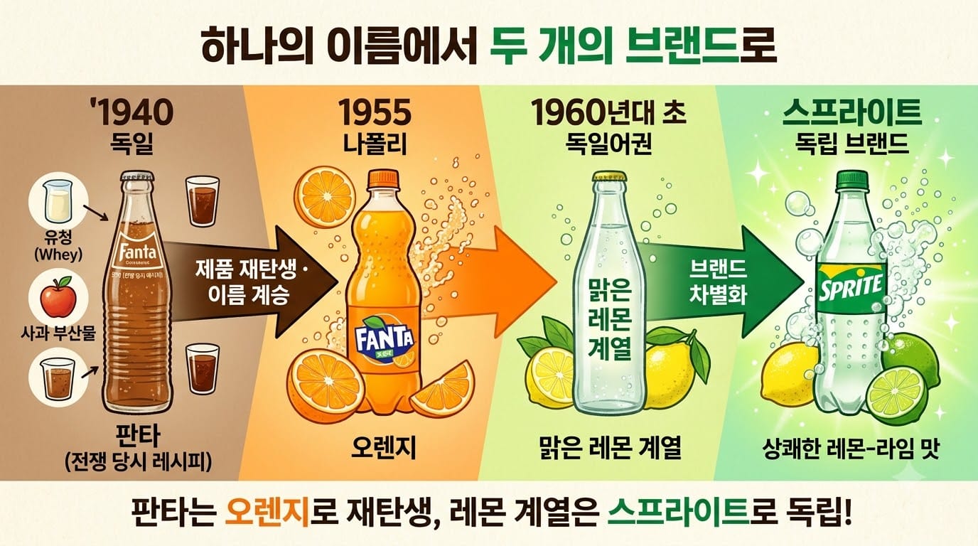 1940년 독일의 갈색 환타와 1955년 오렌지 환타의 재탄생, 맑은 레몬 환타에서 스프라이트로 이어진 계보 인포그래픽
