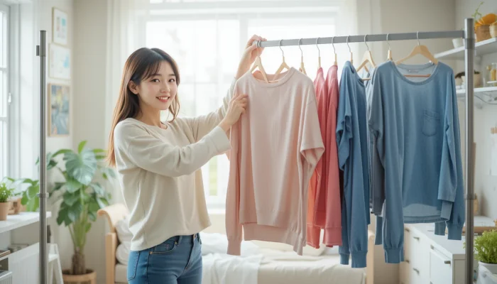여름철 빨래 냄새 제거 위해 실내에서 빨래 말리는 여성