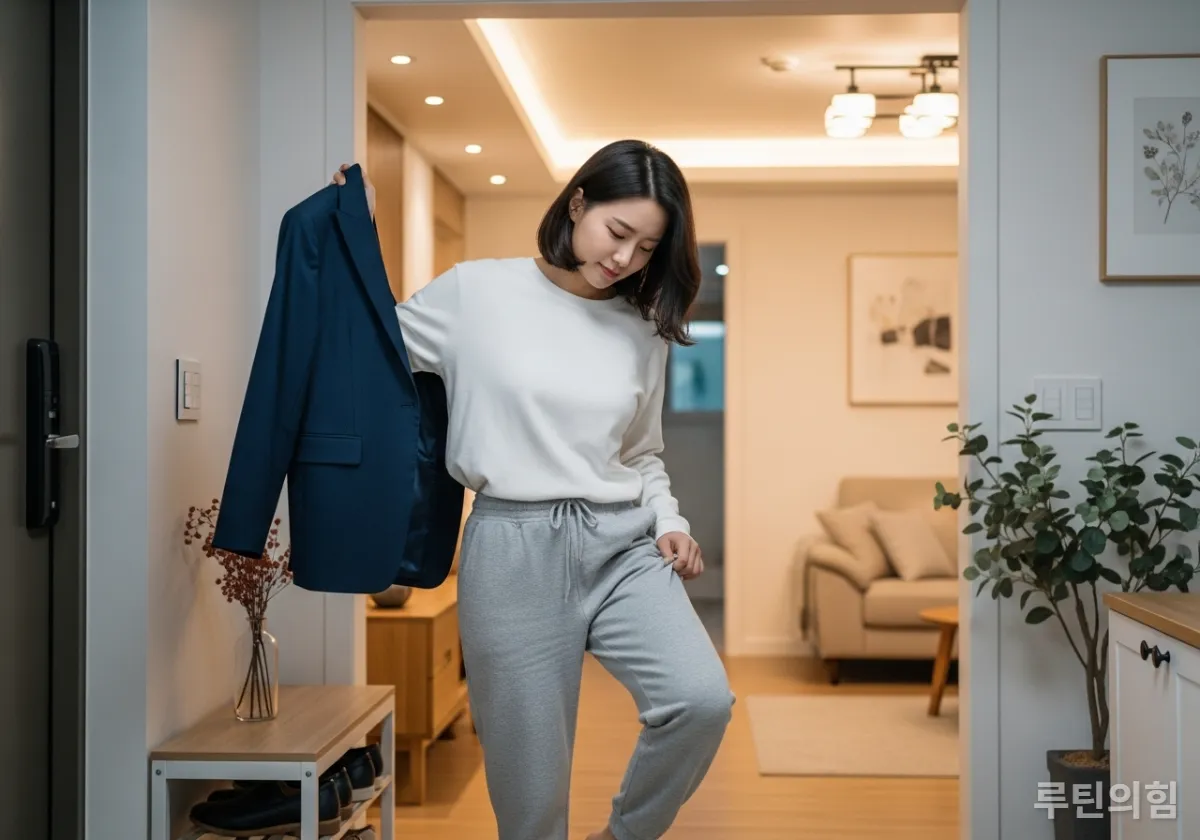 퇴근 후 편안한 옷으로 갈아입으며 휴식 모드로 전환하는 모습