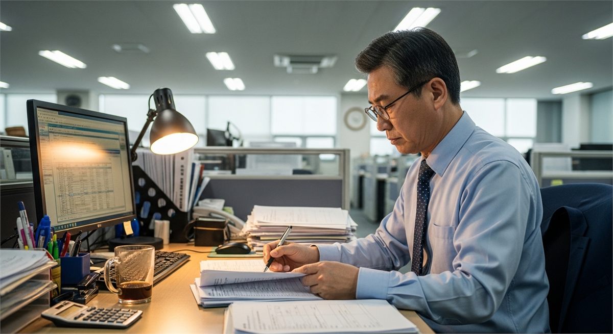 정년과 연금 관련 서류를 살펴보는 한국인 직장인의 모습 