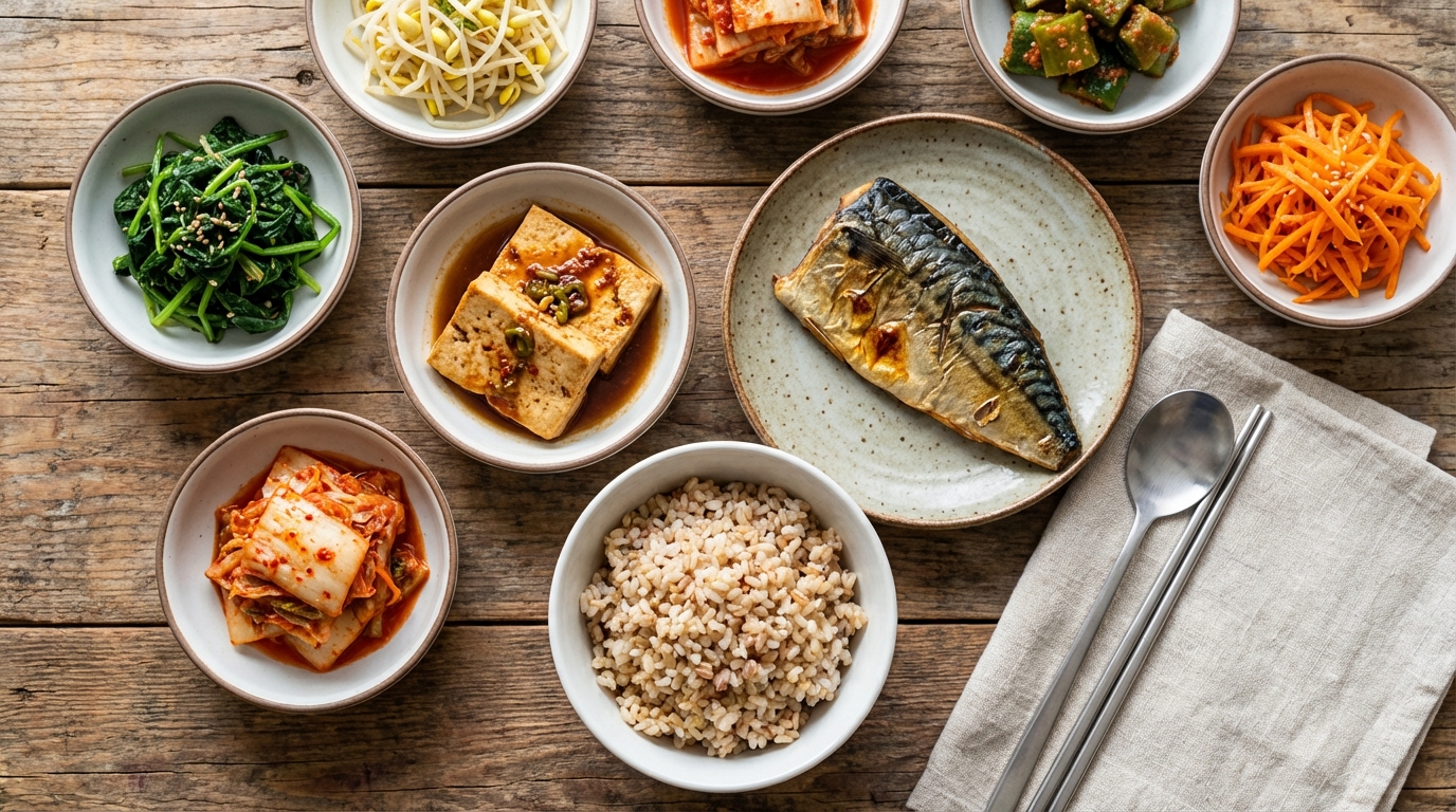 현미밥, 생선구이, 두부, 채소가 정갈하게 차려진 한국식 다이어트 건강 식단
