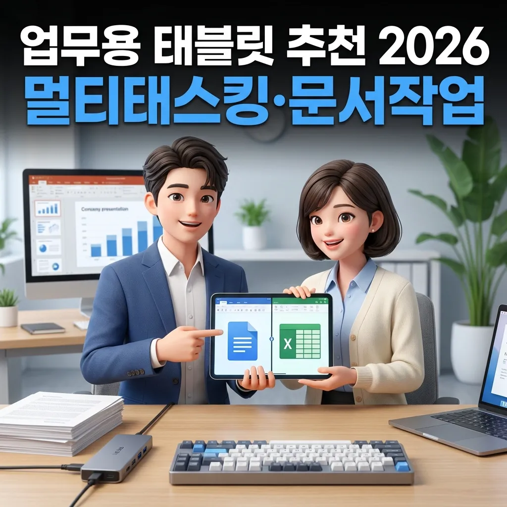 2026년 업무용 태블릿 추천 멀티태스킹과 문서작업에 최적화된 태블릿을 설명하는 한국인 3D 캐릭터와 현실적인 오피스 배경