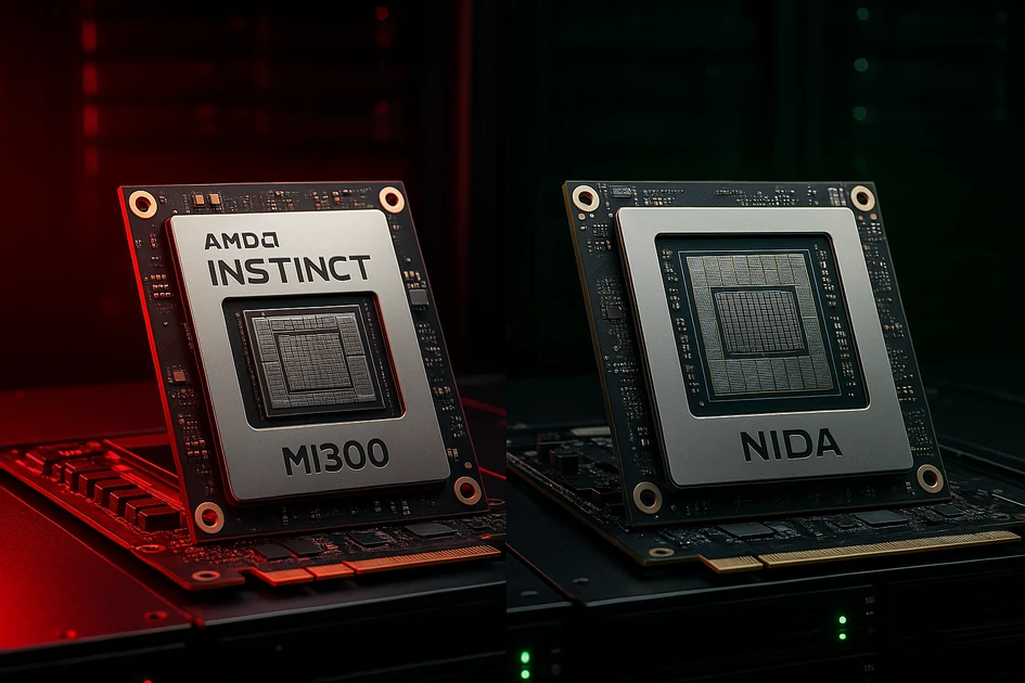 AI 데이터센터 랙 위에 AMD MI300과 NVIDIA H100 GPU가 붉은빛과 초록빛 조명 아래 나란히 배치된 모습