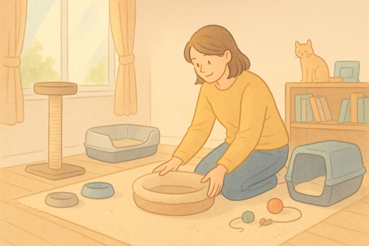 고양이를 맞이하기 위해 고양이 용품을 정리정돈하고 있는 여성