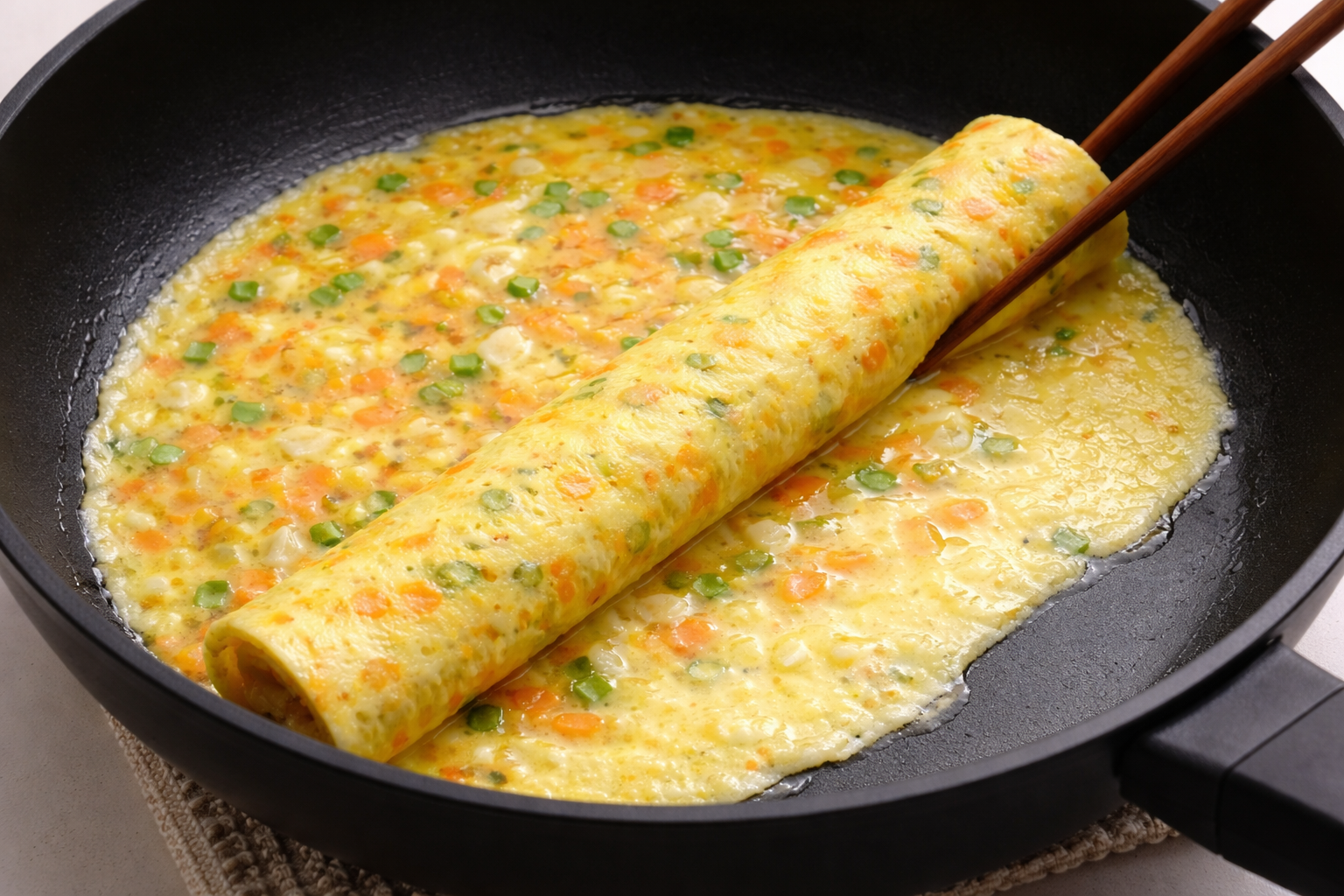 계란말이를 얇게 부쳐 한쪽부터 말아가는 조리 과정 모습