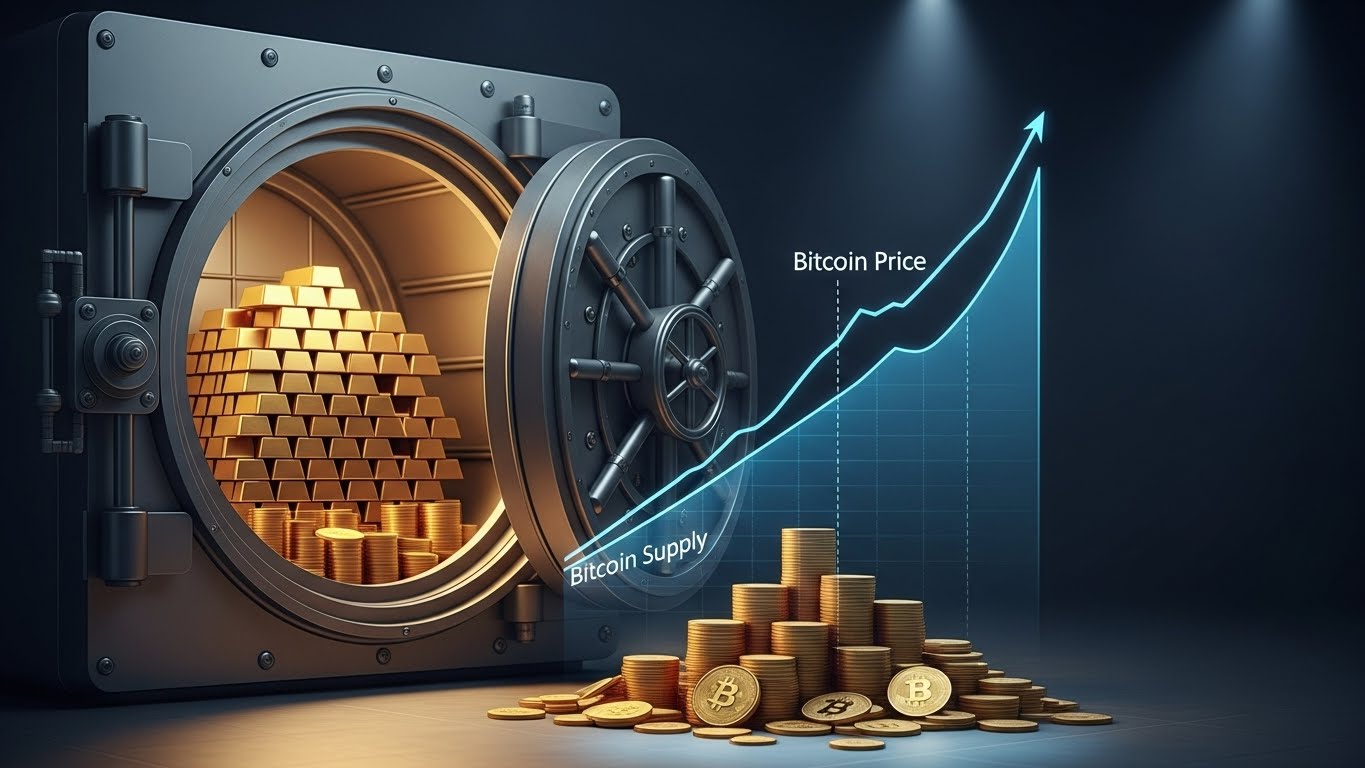 비트코인 공급량 감소와 가격 상승을 나타내는 상승 그래프와 금고 이미지