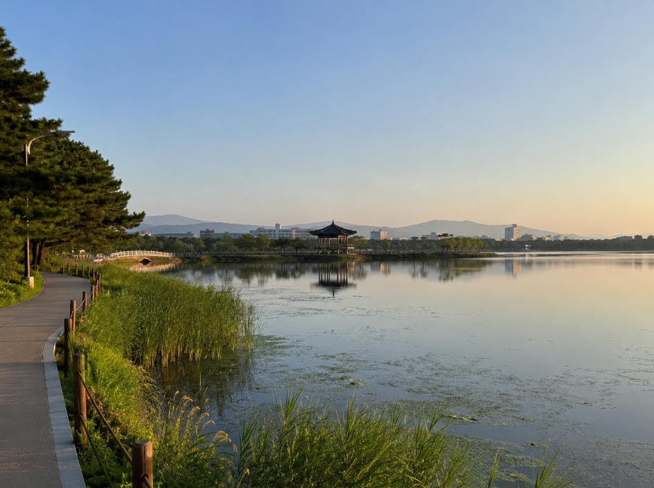 강릉 경포호아침 호수와 수변 산책로 풍경