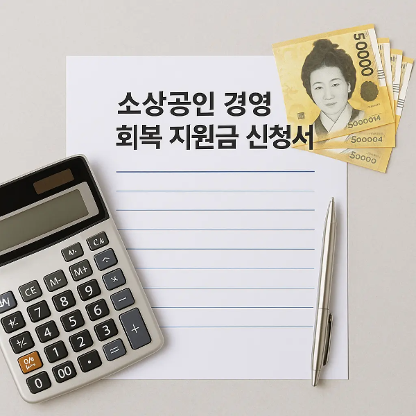 소상공인 경영 회복 지원금 신청서, 계산기, 현금, 펜이 정돈되어 놓인 사무용 책상 위 스튜디오컷 이미지