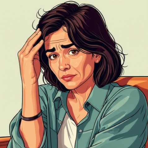 피로감을 느끼는 한 여성이 머리에 손을 올리고 앉아 있습니다.