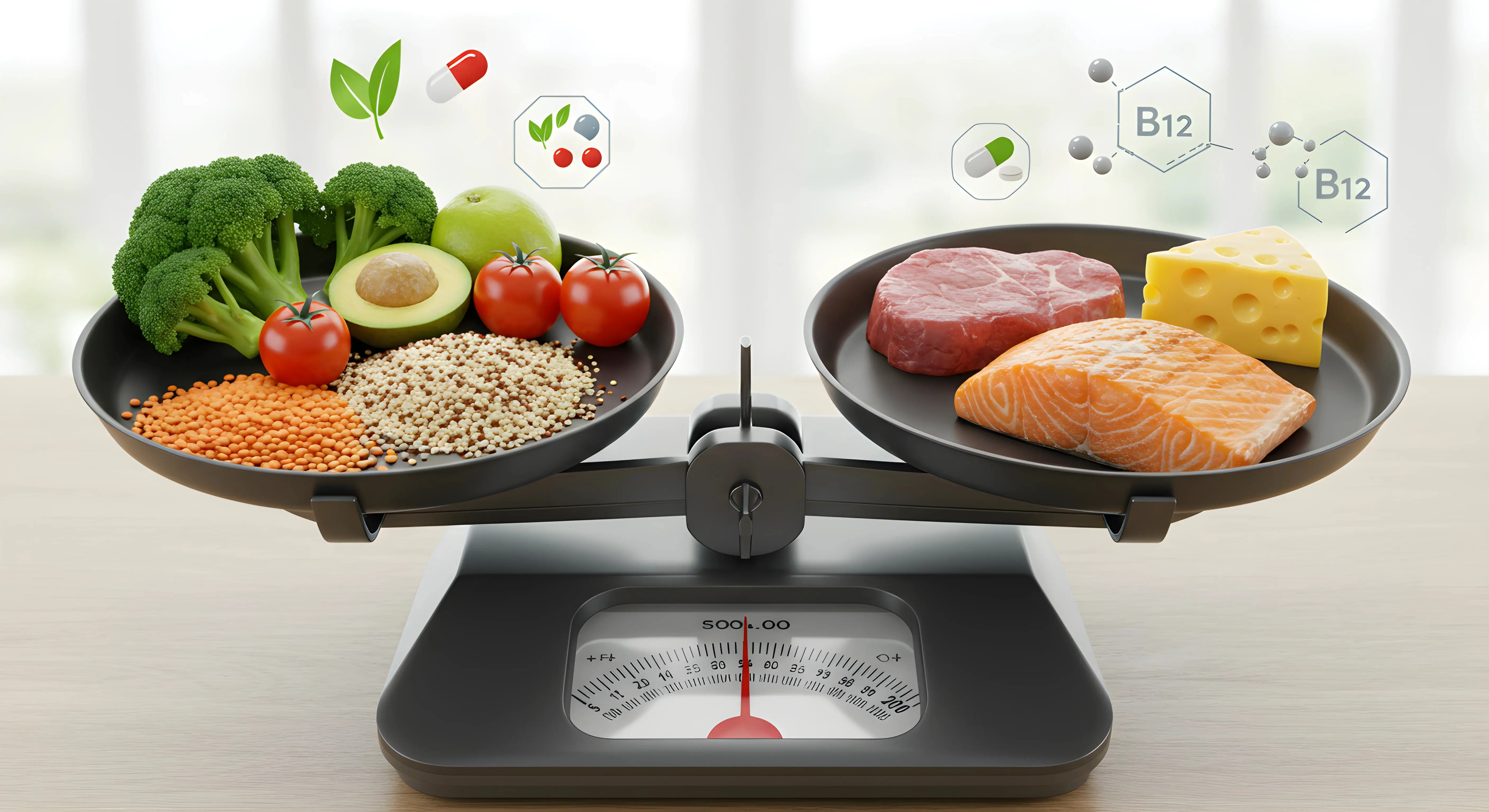 거의 수평을 이룬 저울의 양쪽에 채식(신선한 채소, 퀴노아, 렌틸콩)과 육식(스테이크, 연어, 치즈)이 놓여 영양 균형의 중요성을 상징적으로 보여주는 이미지.