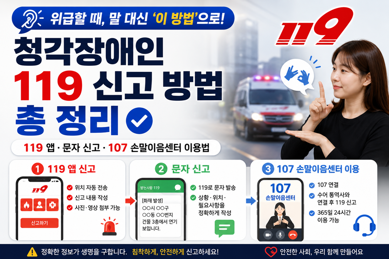 청각장애인 119 신고 방법 총 정리 : 119 앱&middot;문자 신고&middot;107 손말이음센터 이용법