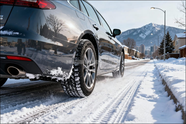 스노우타이어를-장착한-자동차가-눈길을-달리고-있다.