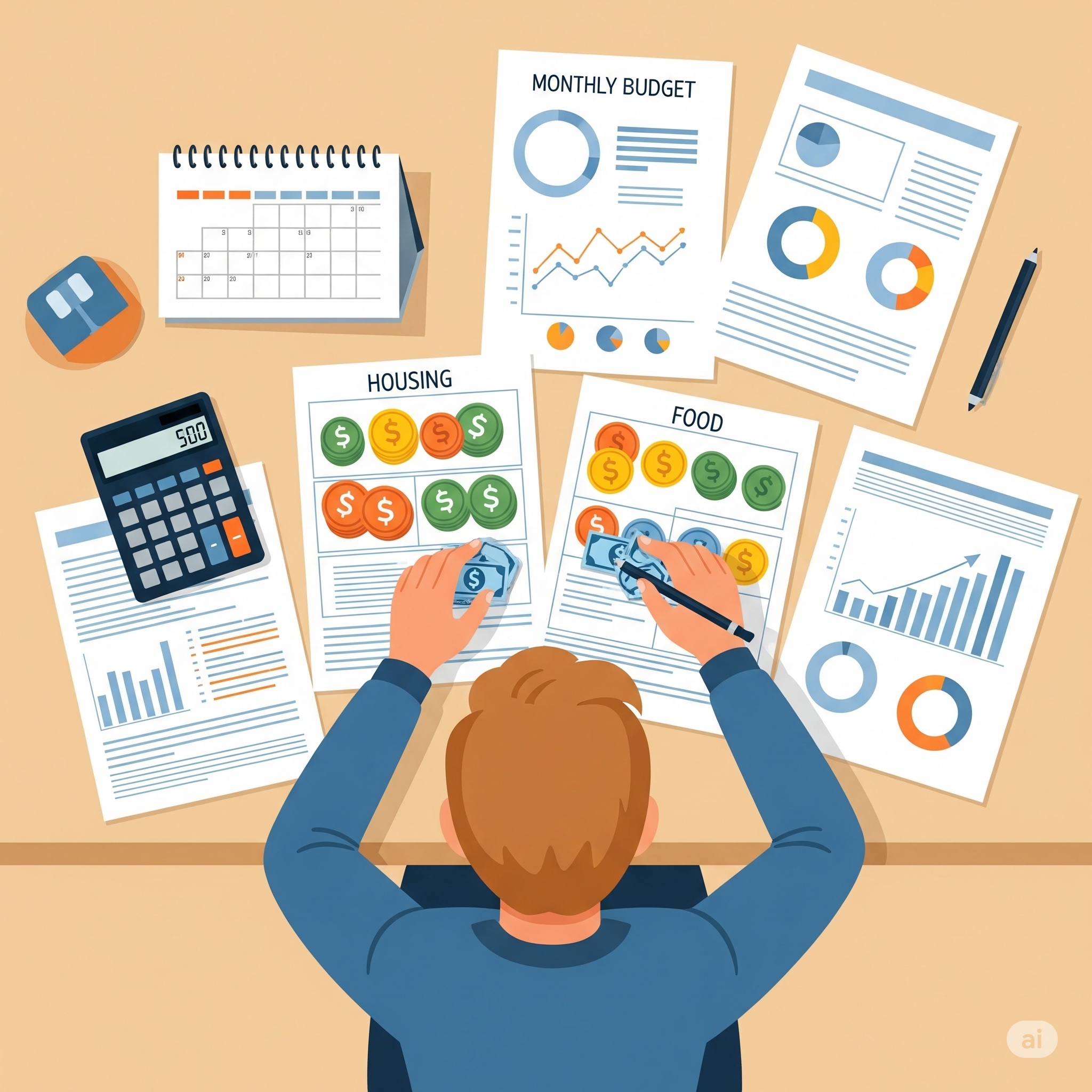 노트에 수입, 저축, 고정지출, 변동지출 예산을 계획하고 있는 모습