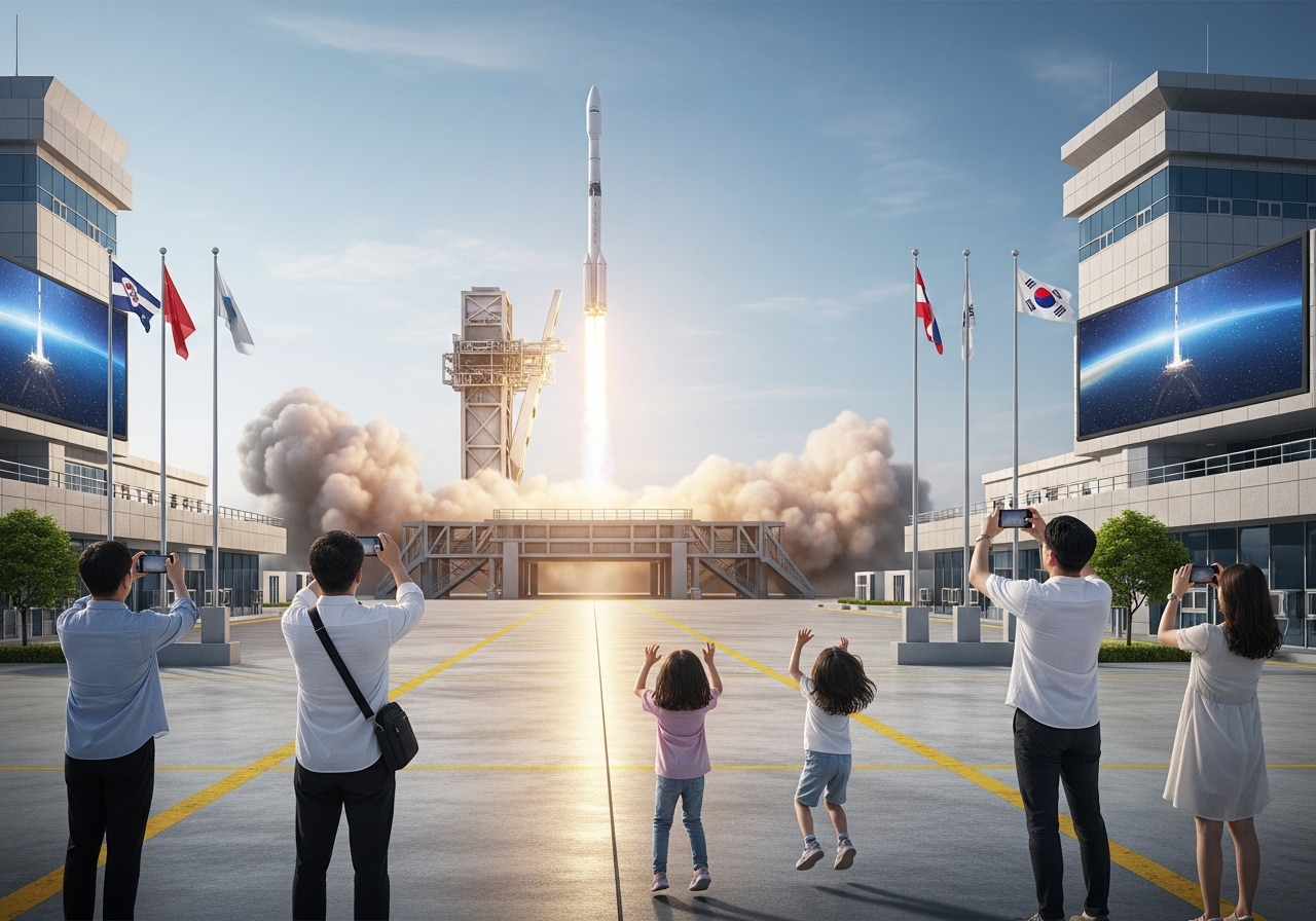 family watching a rocket launch from a civilian spaceport