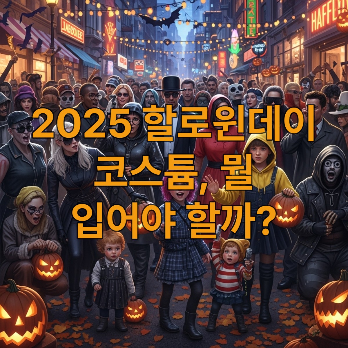 다양한 연령대의 사람들이 현대적이고 창의적인 코스튬을 입고 활기차게 할로윈 파티를 즐기는 2025년의 거리 풍경.