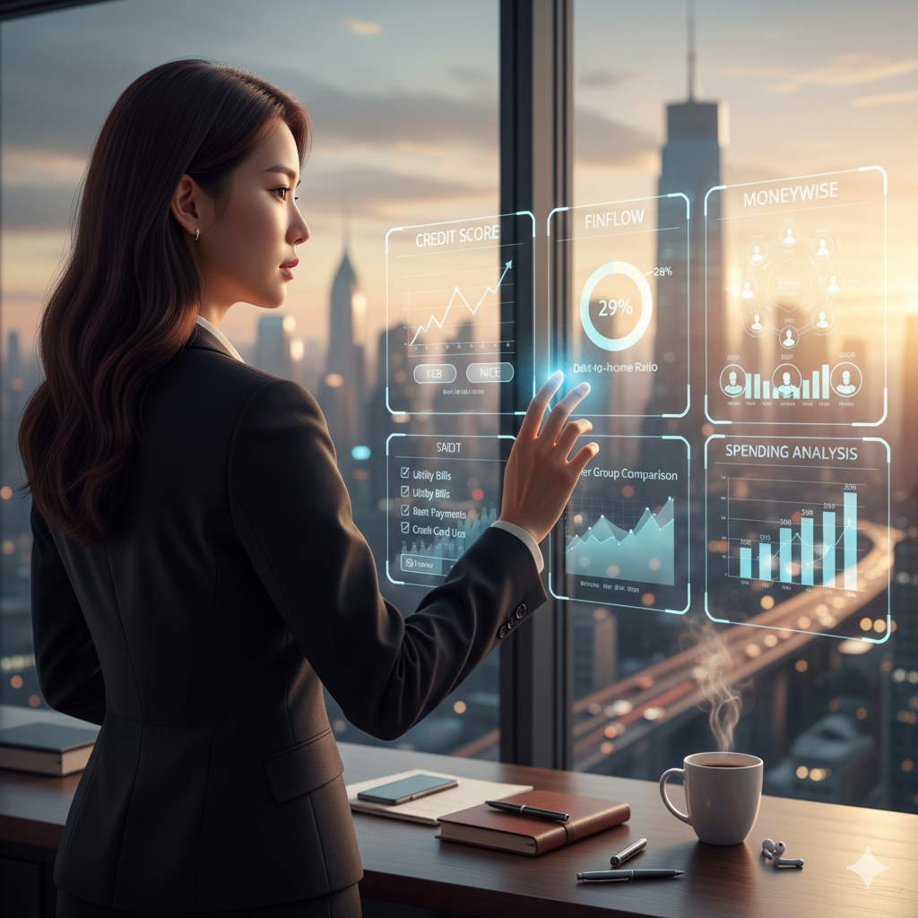 도심 고층 빌딩 창밖을 바라보며 서 있는 젊은 여성 비즈니스 전문가가, 손으로 떠 있는 홀로그램 금융 패널을 조작하는 모습. 패널에는 신용 점수 그래프, FinFlow 원형 차트(29%), MoneyWise 네트워크 다이어그램, 지출 분석 바 차트 등이 표시되어 있으며, 책상 위에 커피 잔과 노트북이 놓여 있다.