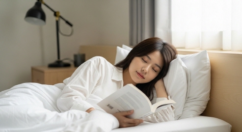 침구 위에서 책 읽는 휴식 중 여성