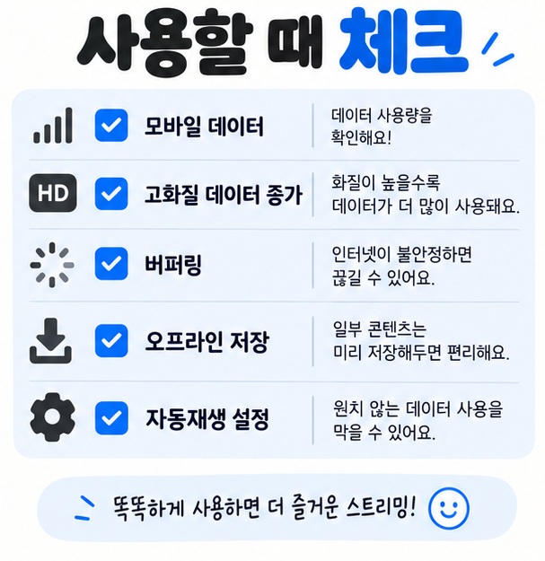 모바일 데이터 화질 버퍼링 오프라인 저장 자동재생 등 스트리밍 사용 시 확인할 점을 보여주는 이미지