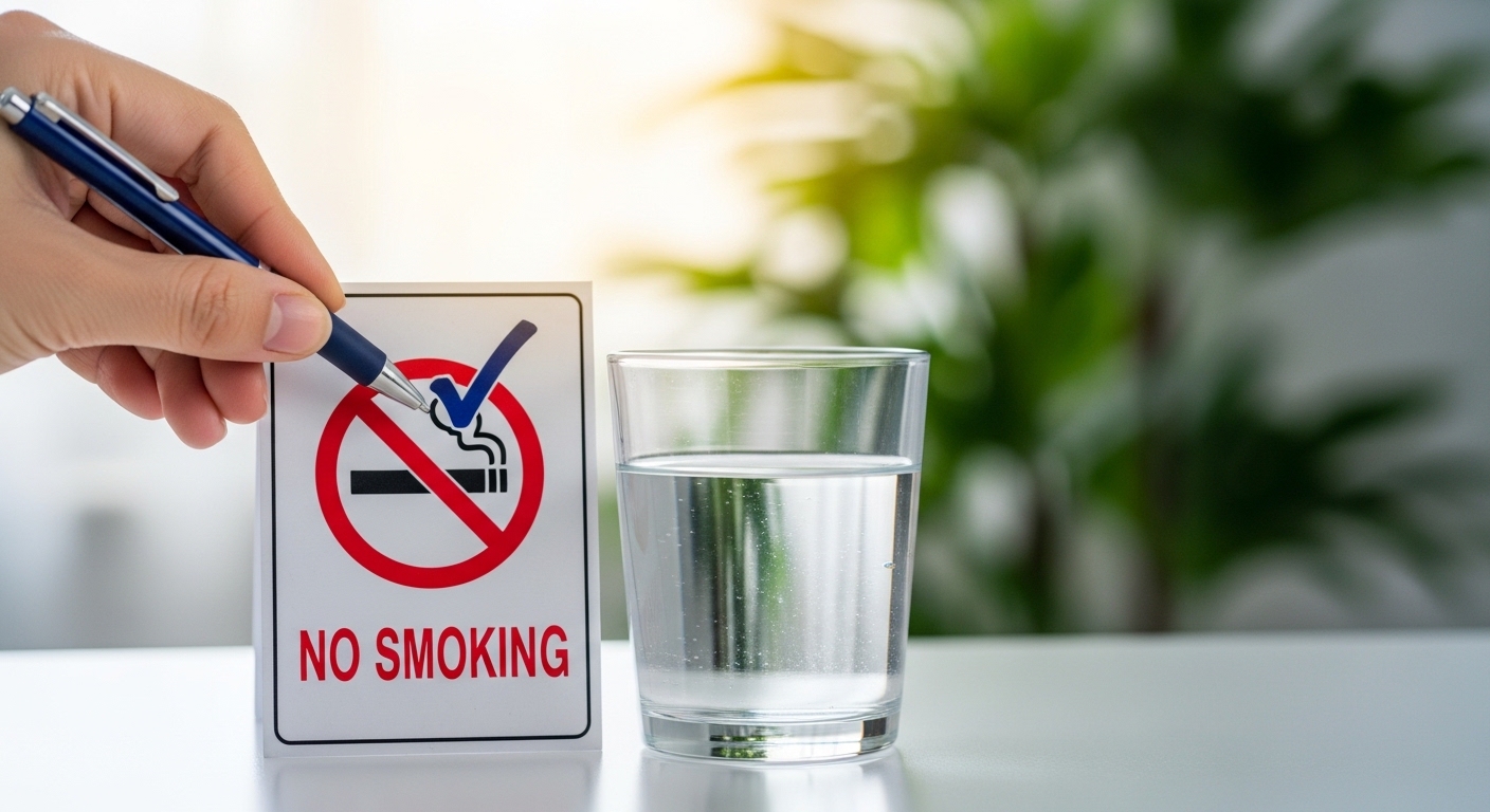금연 표시에 체크하는 손과 물 한 잔. 금연과 절주가 혈압 관리에 미치는 긍정적인 영향을 나타냅니다.