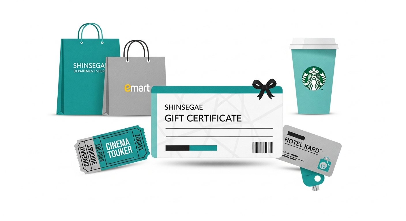 쇼핑, 외식, 호텔, 문화생활 등 다양한 신세계상품권 사용처를 아이콘으로 표현한 그림.