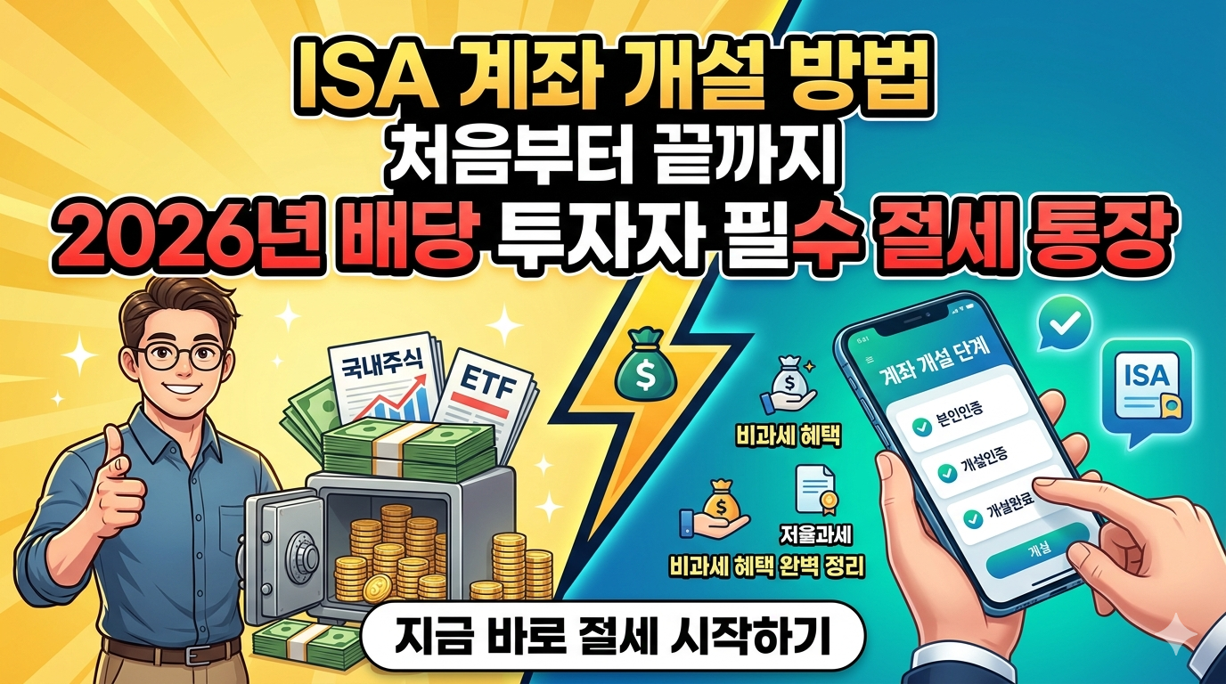 ISA 계좌 개설 방법 2026 완벽 가이드 - 처음부터 끝까지 알려주는 중개형 ISA 비과세 혜택과 배당 투자자를 위한 필수 절세 전략 썸네일 이미지. 화면은 대각선으로 나뉘어 있으며, 왼쪽에는 미소 짓는 남성 투자자가 '국내주식', 'ETF'가 적힌 자산 묶음을 배경으로 금화가 가득한 금고를 가리키고 있습니다. 오른쪽에는 스마트폰 화면에 '계좌 개설 단계'와 '비과세 혜택 완벽 정리' 아이콘이 보이며, 손이 이를 확인하고 있습니다. 중앙 상단에는 "ISA 계좌 개설 방법 처음부터 끝까지"와 "2026년 배당 투자자 필수 절세 통장"이라는 텍스트가 강조되어 있으며, 하단에는 "지금 바로 절세 시작하기" 버튼이 있습니다.