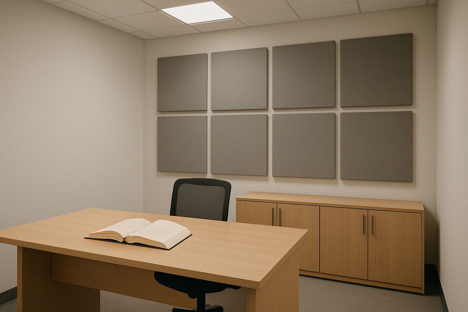 흡음 패널이 설치된 현대적인 조용한 사무실 인테리어(Ai생성이미지)
