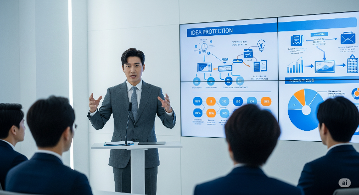 아이디어 보호의 중요성을 설명하는 남성사업가
