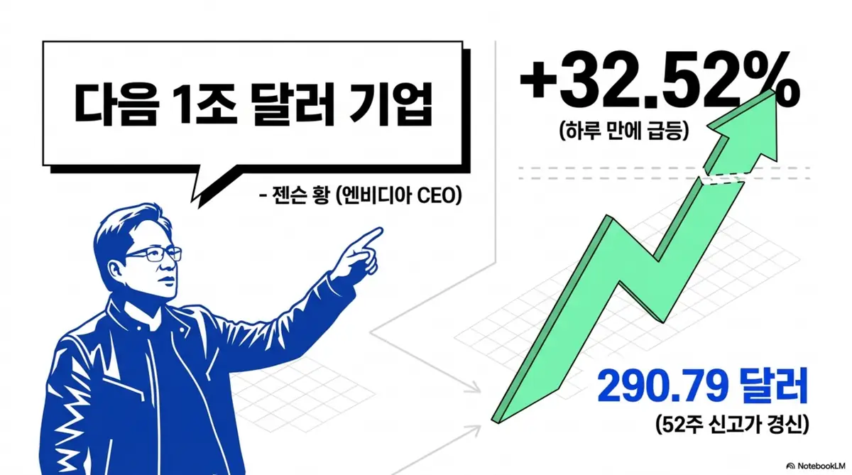 마벨 테크놀로지 주가가 하루 만에 32.52% 급등해 290.79달러로 마감하며 52주 신고가를 경신했음을 보여주는 웹배너 이미지. 엔비디아 젠슨 황 CEO가 컴퓨텍스 무대에서 마벨을 다음 1조 달러 기업으로 지목한 것이 급등의 직접적 배경이며, 단일 발언을 넘어 사상 최대 실적과 전망 상향이 겹친 결과임을 설명함. 블로그의 마벨 테크놀로지 주가 전망과 급등 이유 분석과 관련된 내용을 전달함.