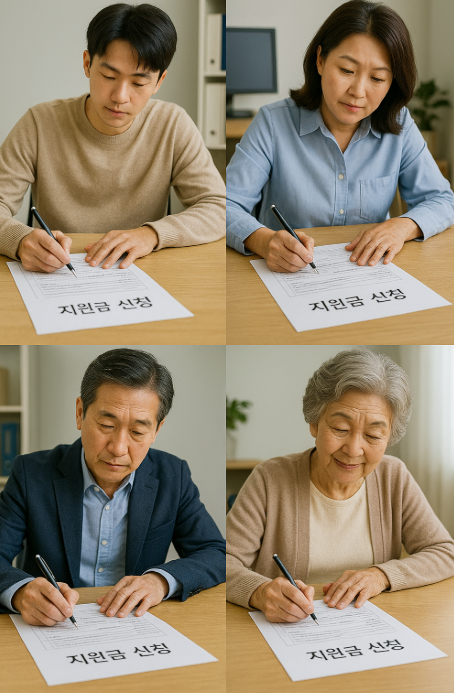 다양한 연령대의 남여 지원금 신청 모습