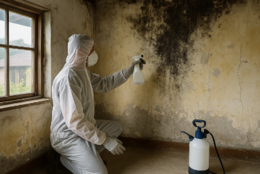 보호복을 착용한 작업자가 시골집 내부 벽면의 검은 곰팡이를 제거하기 위해 세정제를 분사하는 장면