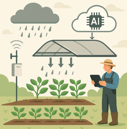 자동 비가림 시설을 표현한 인포그래픽. 비가 내릴 때 센서가 이를 감지하고, 클라우드 AI가 가림막을 자동으로 닫아 작물을 보호하는 과정을 시각화한 이미지.