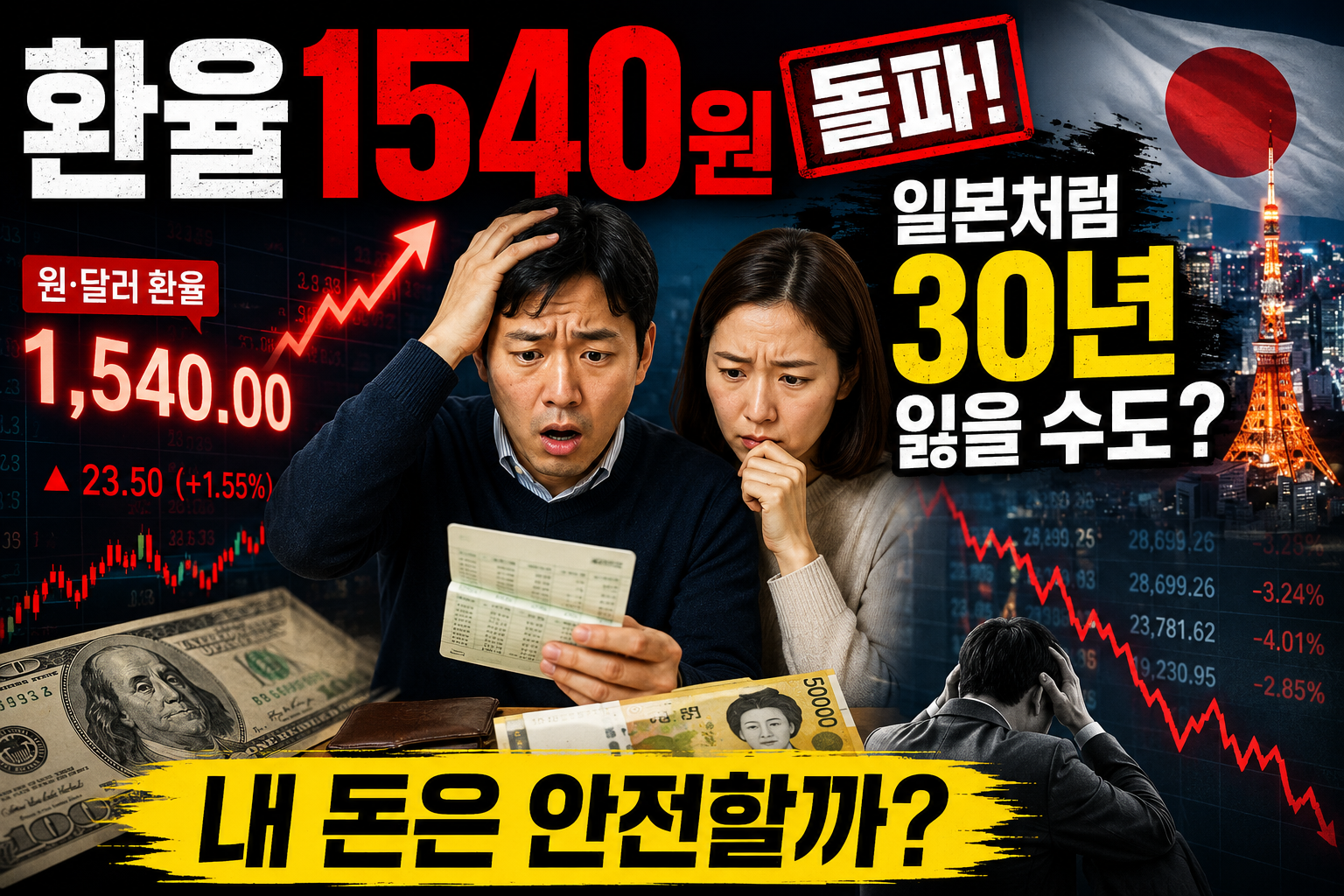 원달러 환율 1540원 돌파, 일본처럼 30년 장기 침체가 올 수 있을까? 환율 급등, 외국인 자금 유출, 한국 경제 전망, 달러 투자와 자산 방어 전략을 다룬 금융 경제 썸네일.