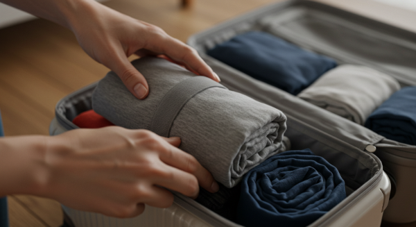 구김 방지를 위해 옷을 롤링 방식으로 접어 가방에 넣는 모습