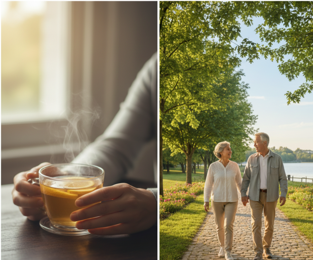 따뜻한 차 한 잔이나 평온하게 산책하는 모습