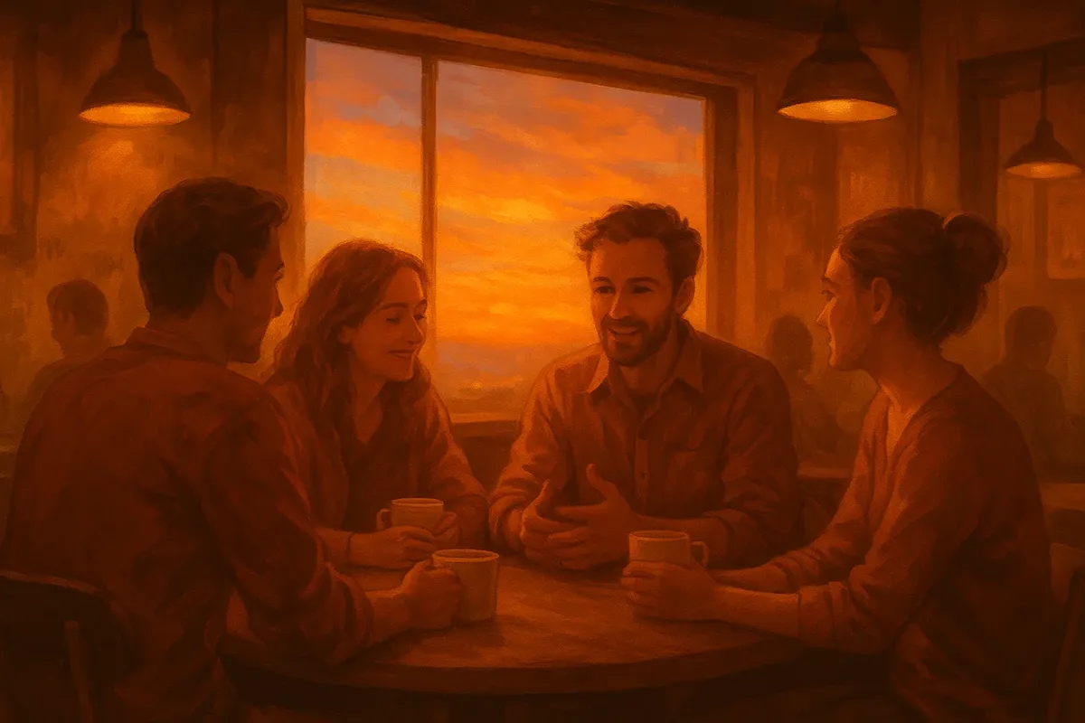 카페에서 저녁 대화 나누는 친구들