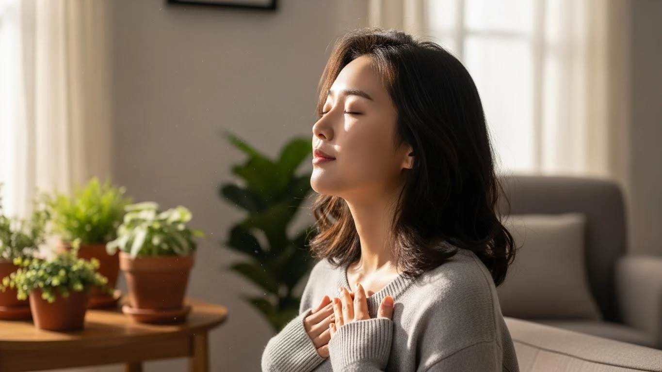 햇살이 들어오는 거실에서 눈을 감고 깊게 호흡하는 이미지