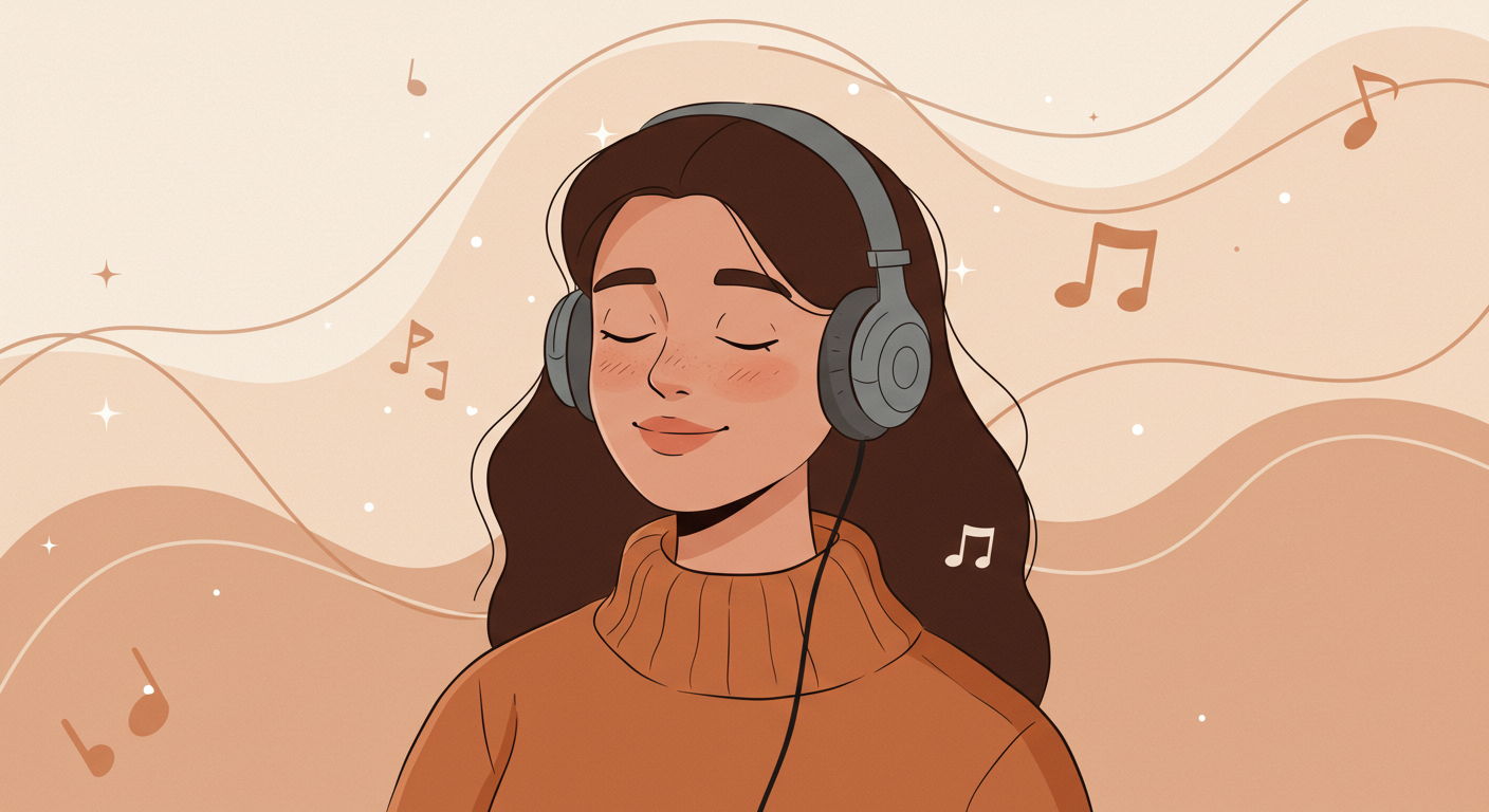 행복하고 평화로운 표정의 사람이 헤드폰으로 음악을 듣는 모습
