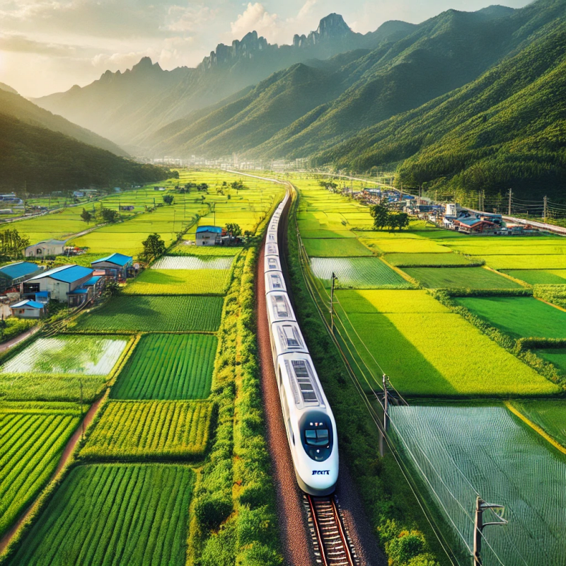 한국의 시골 풍경 속에서 달리는 KTX 열차