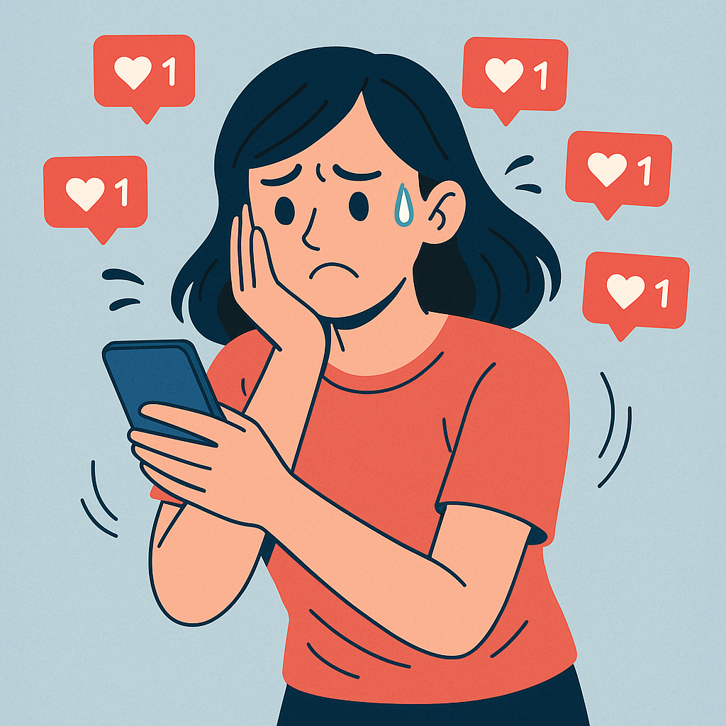 SNS 좋아요에 안절부절하며 불안해하는 여성의 모습을 표현한 감성 일러스트 이미지