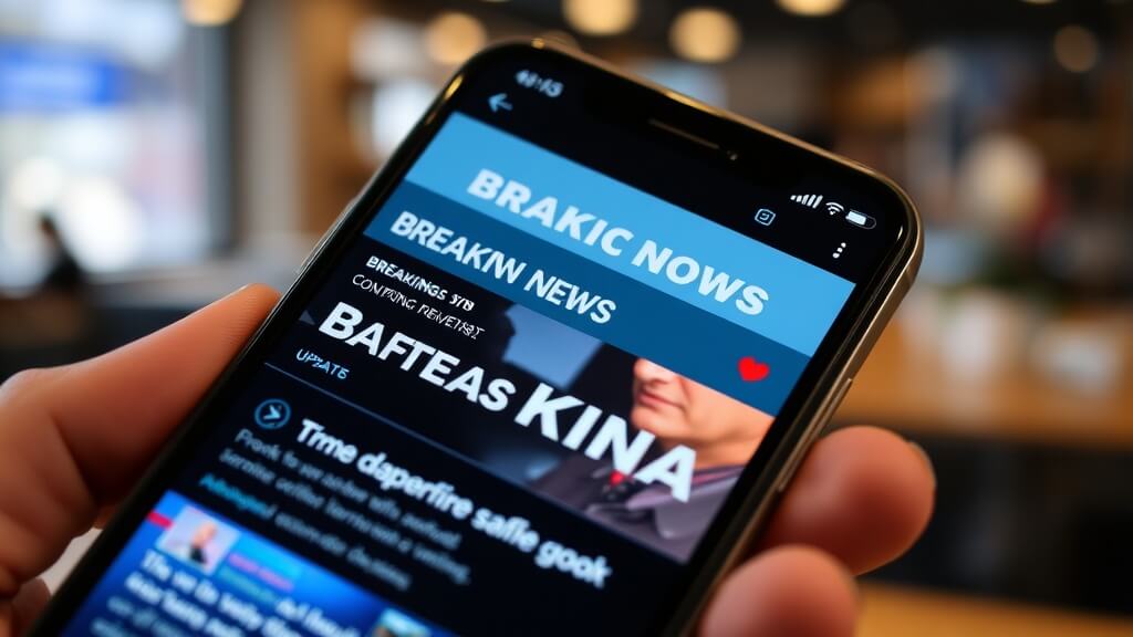 스마트폰 화면에 뜨는 실시간 뉴스 속보와 교통 상황 정보. 중요한 정보를 빠르게 확인하여 상황에 대처하는 현대인의 모습.