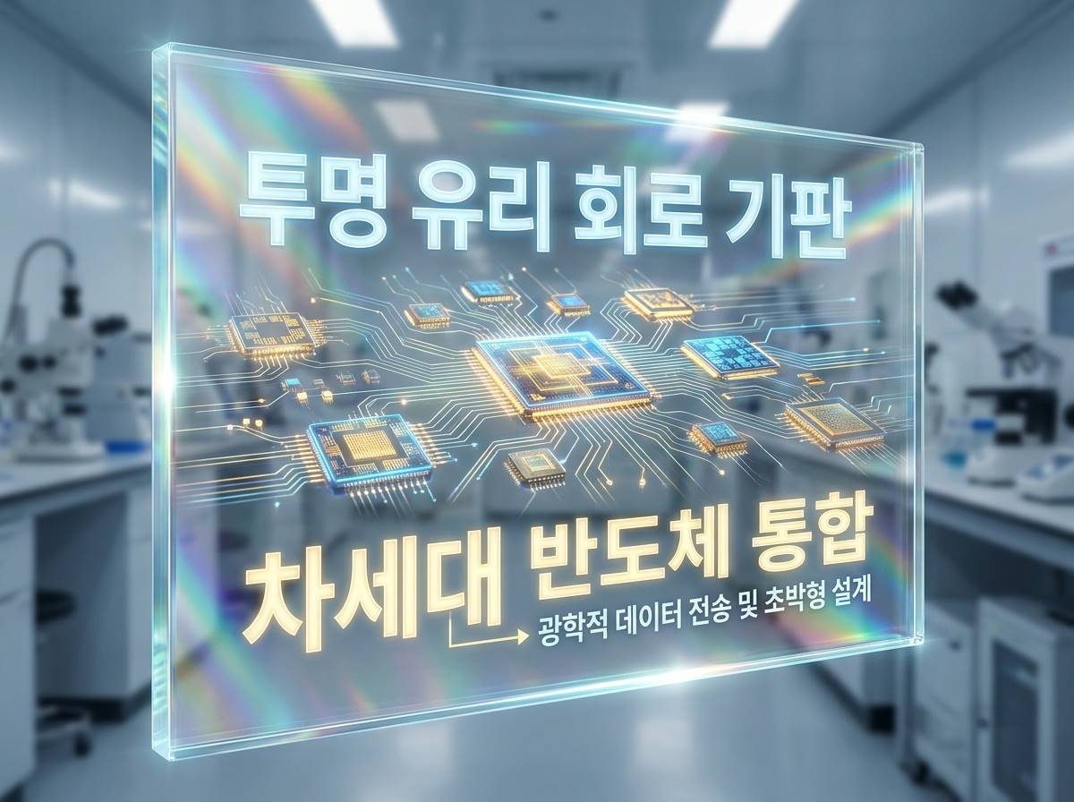 투명하고 얇은 유리판 위에 미세한 반도체 칩들이 회로로 연결된 고해상도 인포그래픽