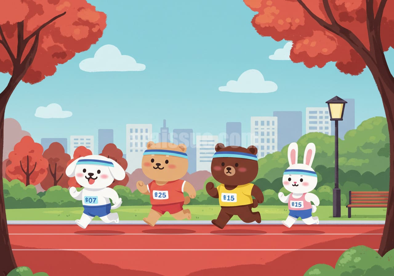 트랙에서 달리기하는 국민체력100 캐릭터 4종