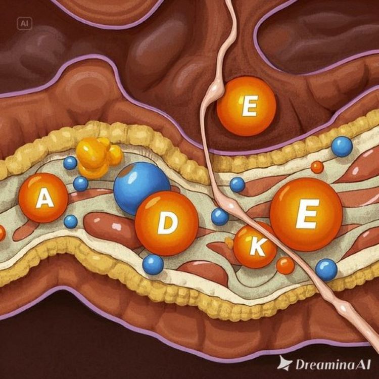 인체 소장의 단면도에서 지방과 함께 섭취된 지용성 비타민들(A, D, E, K)이 미셀을 형성하여 장벽을 통과하는 과정을 생화학적으로 표현한 인포그래픽으로, 한쪽에는 지방과 함께 높은 흡수율을 보이는 모습, 다른 쪽에는 지방 없이 흡수되지 않는 모습을 대비하여 표시한 의학적 일러스트레이션