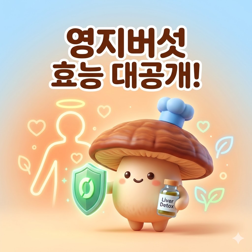 푸른 요리사 모자를 쓴 귀여운 영지버섯 캐릭터가 면역력을 상징하는 방패와 간 해독제를 들고 있는 3D 카툰 일러스트. '영지버섯 효능 대공개!'라는 문구가 적혀있습니다.