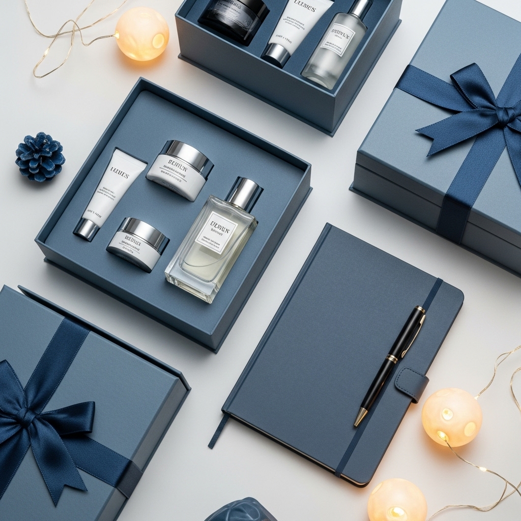30대 직장인 여자친구를 위한 10만원대 럭셔리 연말 선물 세트. 고급스러운 블루-그레이 톤의 포장 상자와 향수, 스킨케어, 필기구가 조화롭게 놓여 있는 모습.