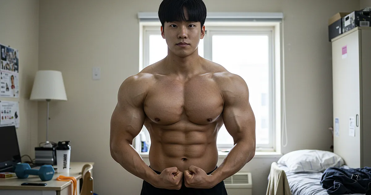기숙사 느낌의 방 안에서 상반신 포즈를 취하며 정면을 응시하는 보디빌더