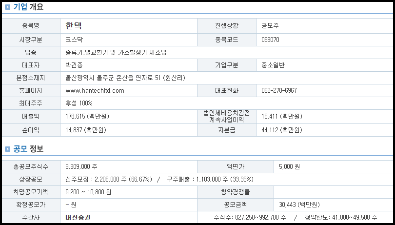 한텍 기업 개요 및 공모 정보